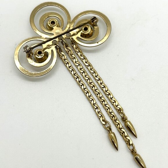 Vintage Gold-Tone Brooch With Aqua Blue Rhinestones & Dangle Chains 1950-60s - Picture 7 of 9